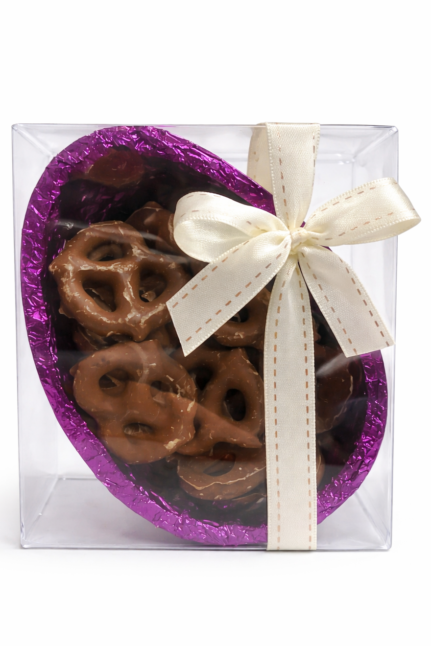 Easter Egg Half With Milk Choc Pretzels 155g - Acetate Gift Box With Bow (Pickup in store only)