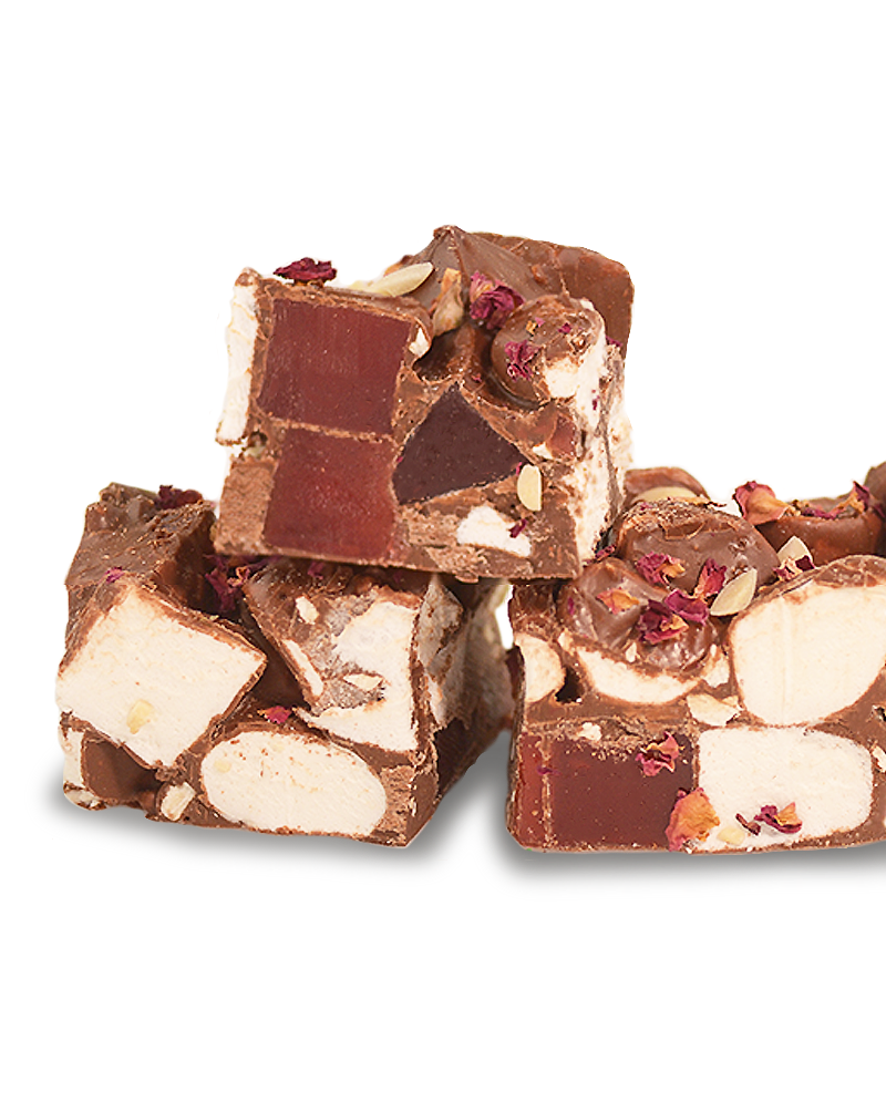 Milk Choc Rose Turkish Delight & Roasted Almond Rocky Road Bonbon 300g