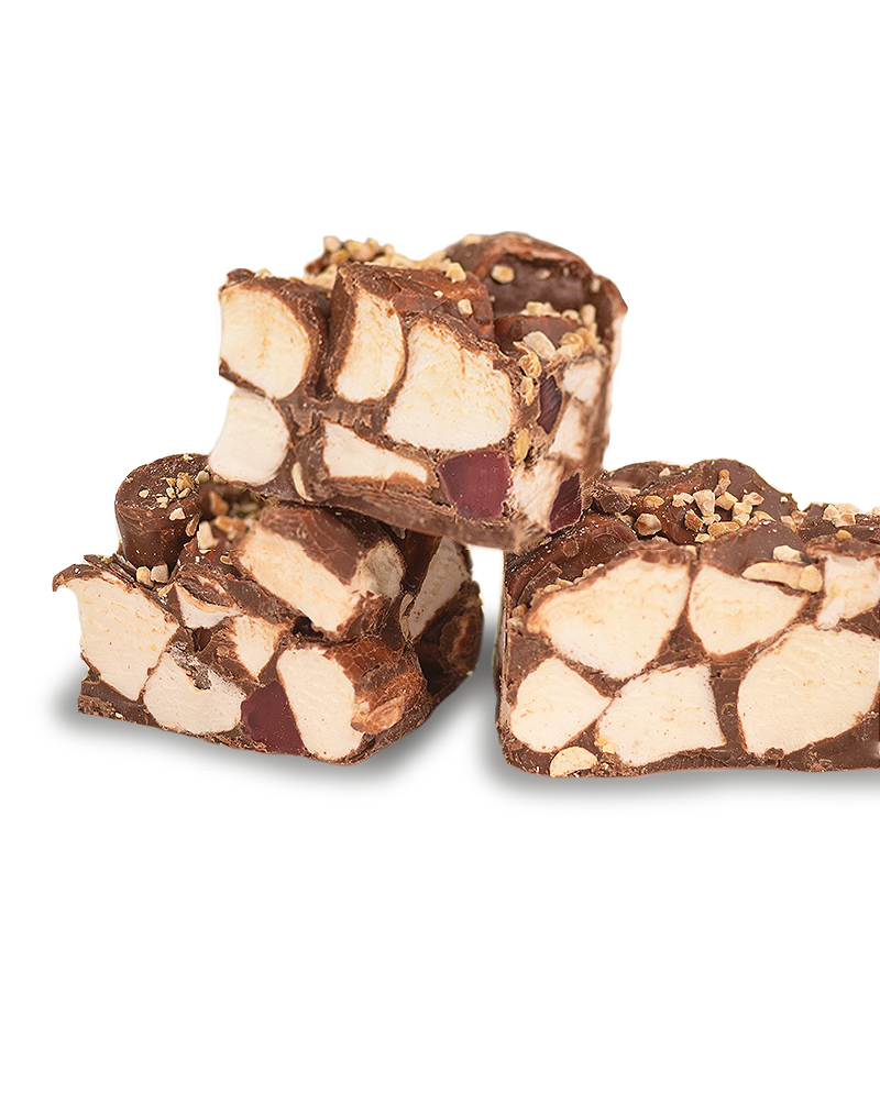 Raspberry Jellie & Roasted Peanuts Milk Choc Rocky Road 300g