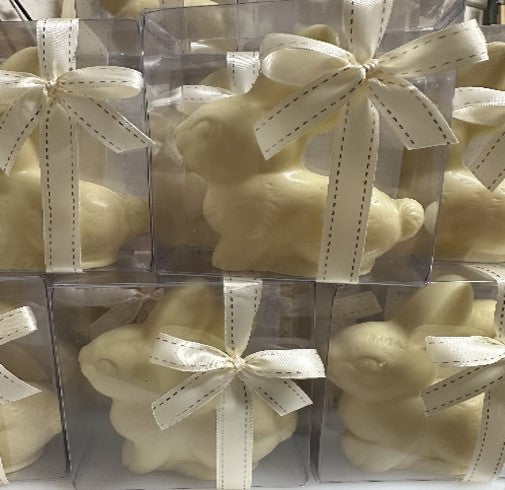White Belgian Chocolate Sitting Bunny 70g - Acetate Gift Box with Bow (Pickup in store only)