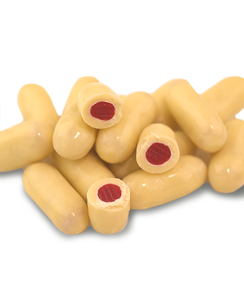 White Premium Couverture Chocolate Raspberry Licorice Bullets 250g