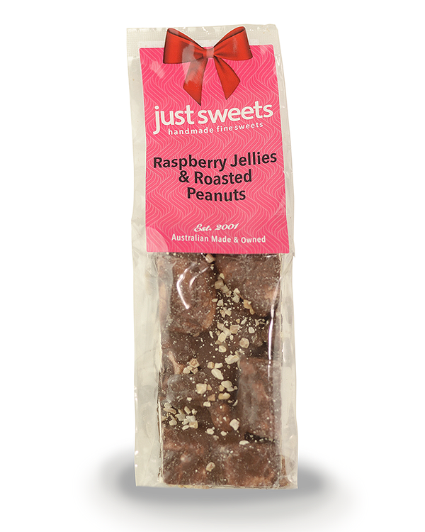 Raspberry Jellies & Roasted Peanuts Milk Choc 150g – Just Sweets