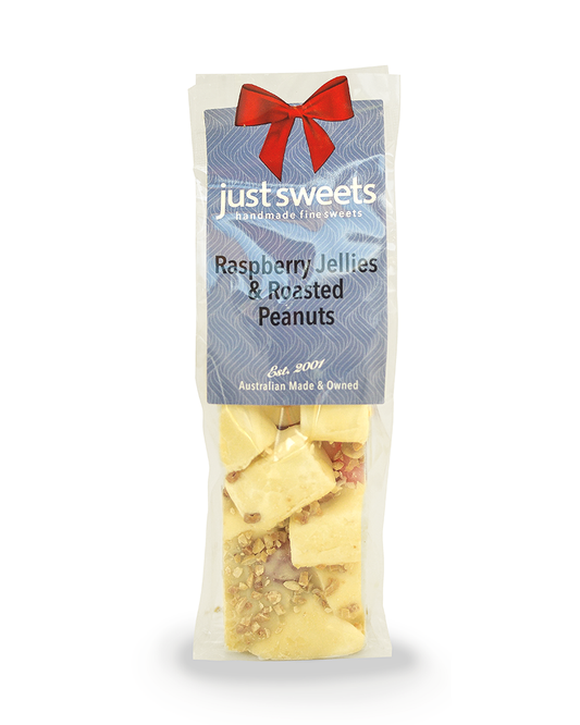 Raspberry Jellies & Roasted Peanuts White Choc 150g