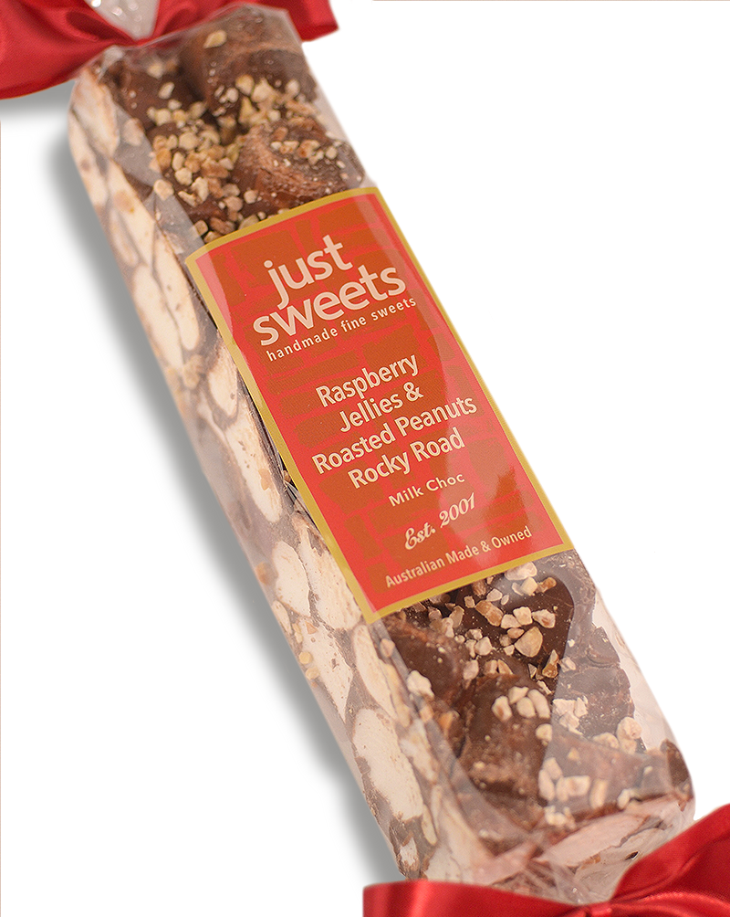 Rjs Raspberry Choco Log Raspberry Jellie & Roasted Peanuts Milk Choc Rocky Road 300g – Just Sweets