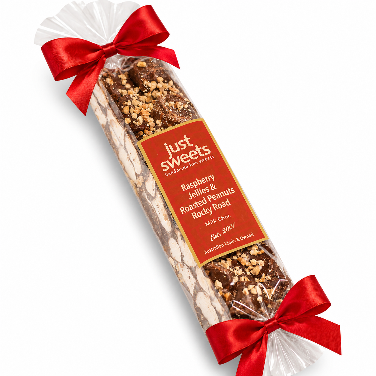 Raspberry Jellie & Roasted Peanuts Milk Choc Rocky Road 300g