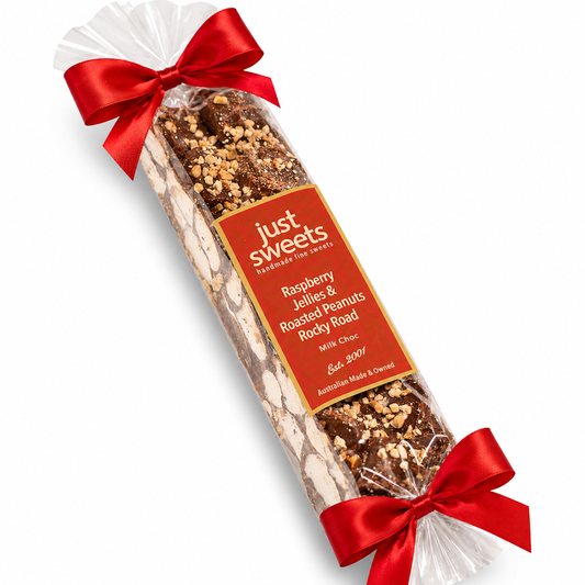 Raspberry Jellie & Roasted Peanuts Milk Choc Rocky Road 300g