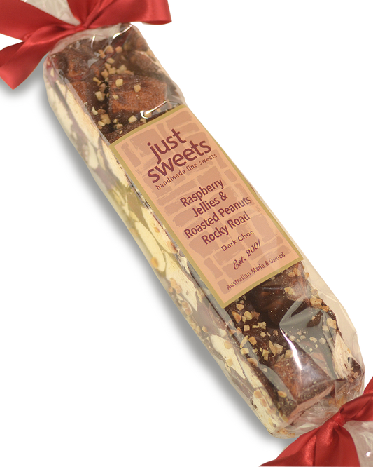 Raspberry Jellie & Roasted Peanuts Dark Choc Rocky Road 300g