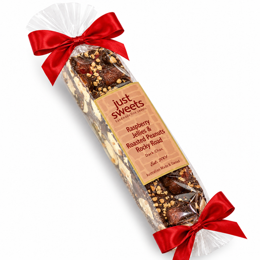 Raspberry Jellie & Roasted Peanuts Dark Choc Rocky Road 300g