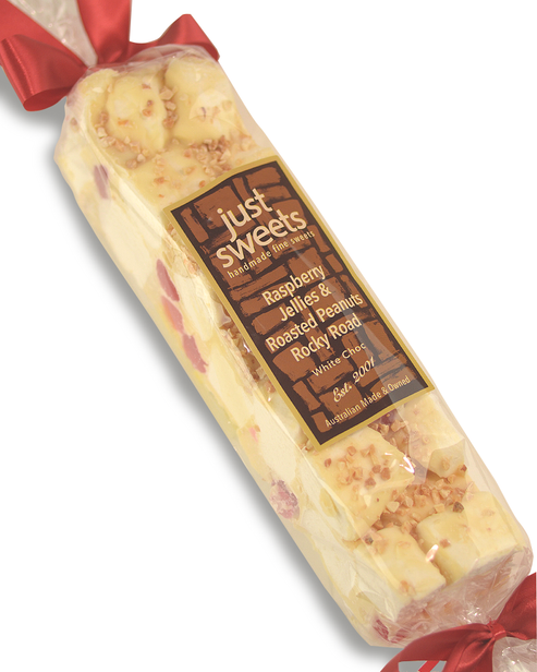 Raspberry Jellie & Roasted Peanuts White Choc Rocky Road 300g – Just Sweets