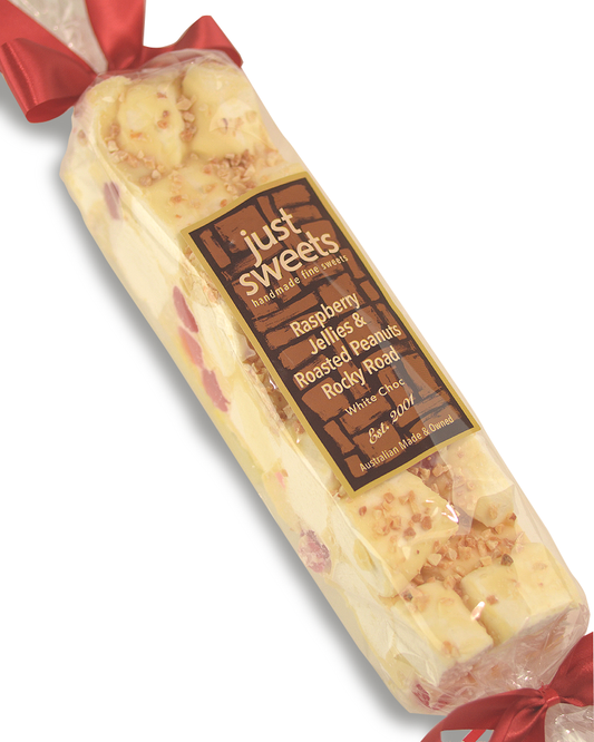 Raspberry Jellie & Roasted Peanuts White Choc Rocky Road 300g