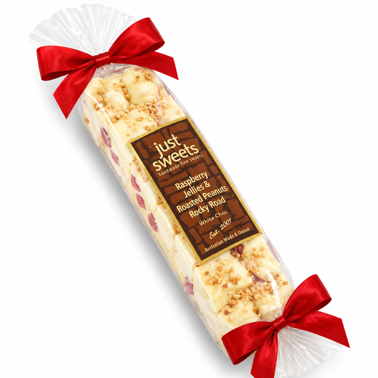 Raspberry Jellie & Roasted Peanuts White Choc Rocky Road 300g