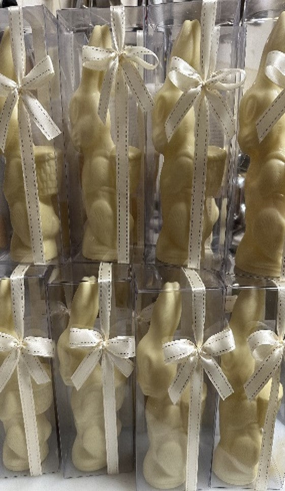 White Belgian Chocolate Sitting Bunny 125g - Acetate Gift Box with Bow  (Pickup in store only)
