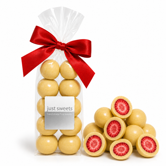 White Premium Couverture Chocolate Coated Freeze Dried Strawberries 150g
