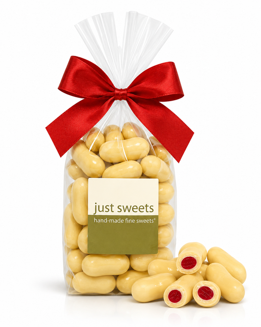 White Premium Couverture Chocolate Raspberry Licorice Bullets 250g
