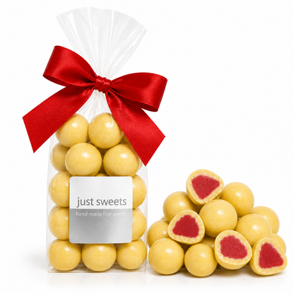 White Premium Couverture Chocolate Coated Raspberries 200g
